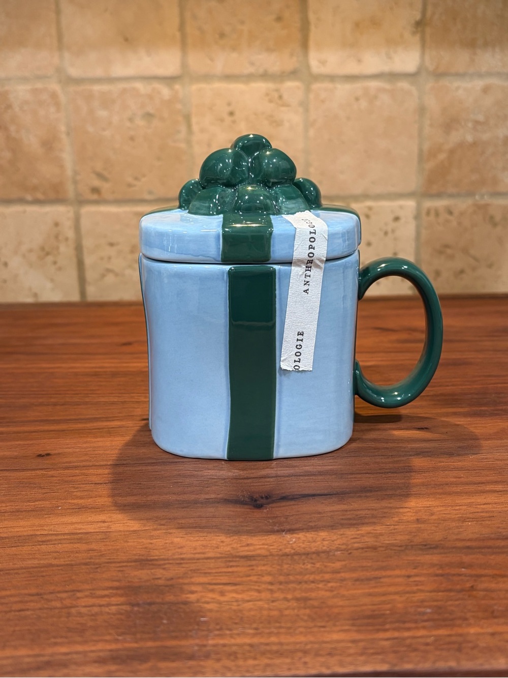 Anthropologie Light Blue and Dark Green Gift Box Ceramic Mug with Lid